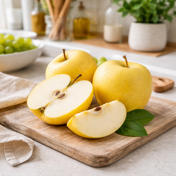 Yellow apples on a wooden cutting board with a kitchen background