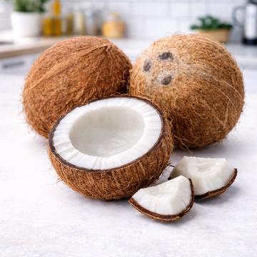 Coconuts with one cut open on a light surface