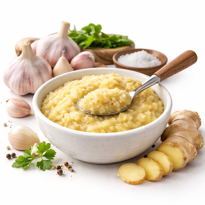 White bowl of yellow food with a spoon, surrounded by garlic, ginger, and herbs on a white background