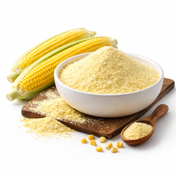 Corn kernels, cornmeal in a bowl, and ears of corn on a white background
