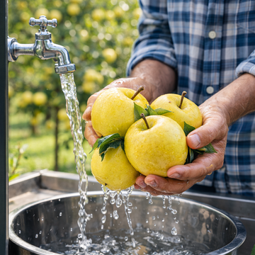Person washing yellow apples under a faucet in an outdoor setting