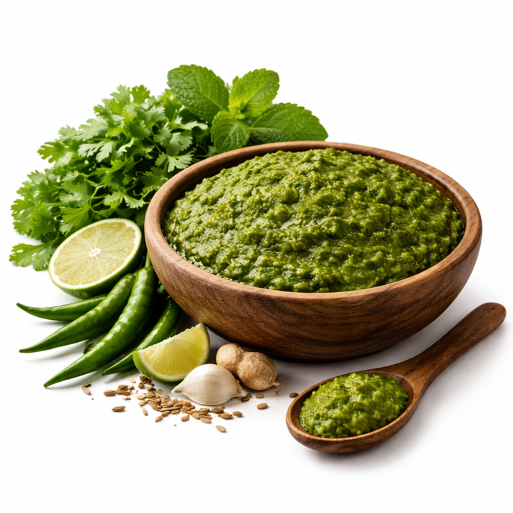 Bowl of green pesto with herbs, lime, and garlic on a white background