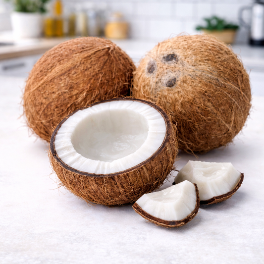 Coconuts with one cut open on a light surface